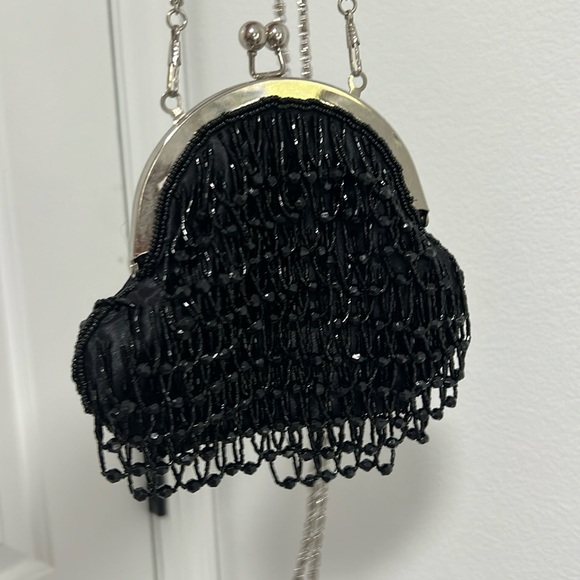Vintage Bijoux Terner black beaded evening handbag shoulder bag kiss lock silver - Picture 3 of 14